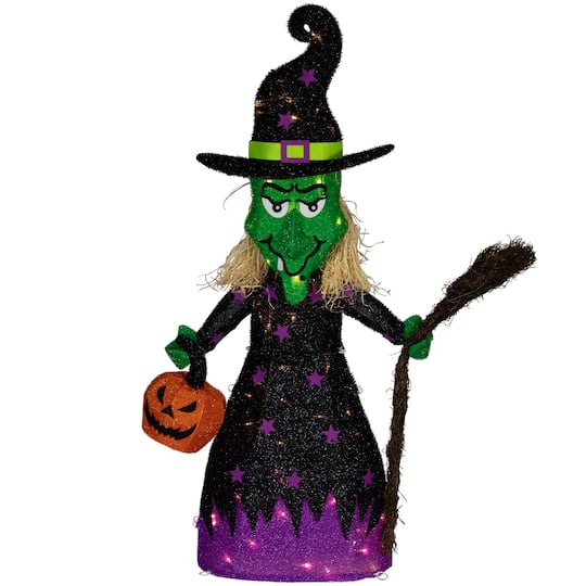 39" LED Lighted Witch with Broom Outdoor Halloween Decoration, Clear LED Lights